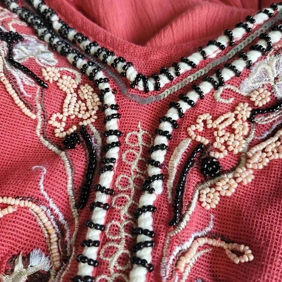 Sixes & Sevens Coral Orange Pink Beaded Embroidered Blouse Viscose Top V-Neck M - Picture 3 of 10